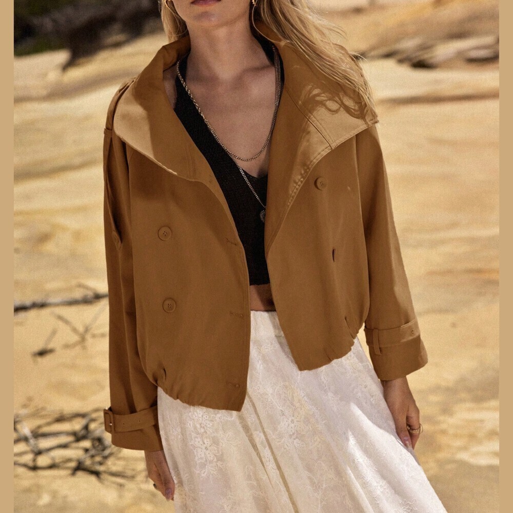 Camel Double-Breasted Cropped Trench Jacket with Belted Cuffs